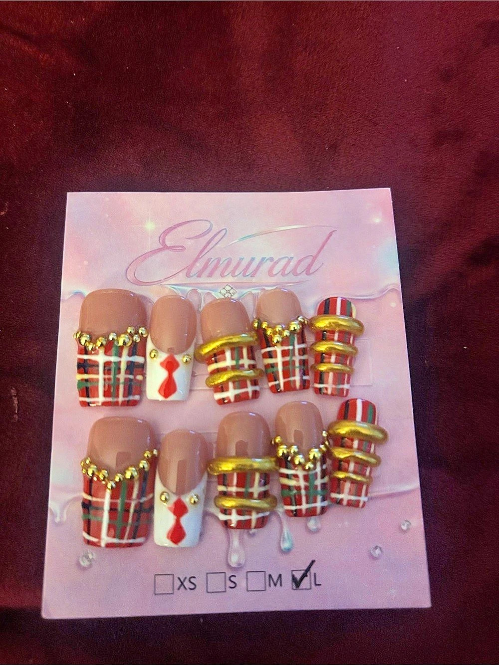 Elmurad Plaid Press-On Nails Red & Green Large
